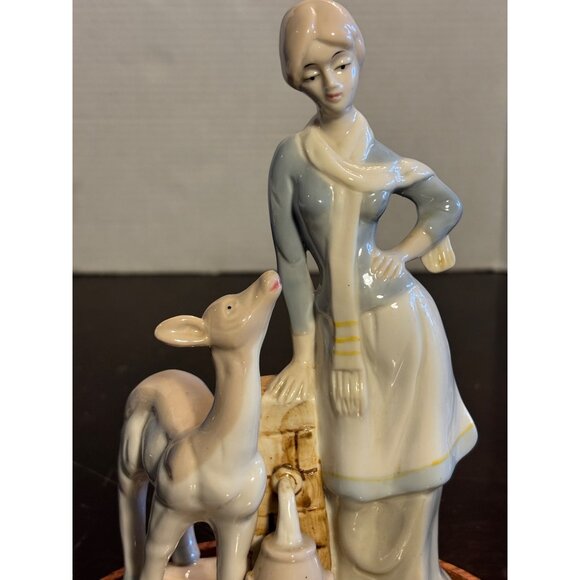 Porcelain Shepherdess & Fawn Figurine On Wooden Base - Picture 2 of 9